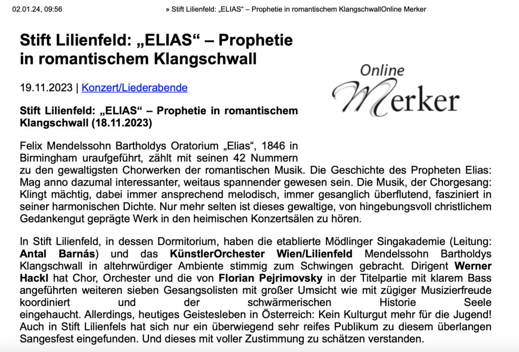 MeinBezirk – Konzert Oratorium ELIAS im Stift Lilienfeld
